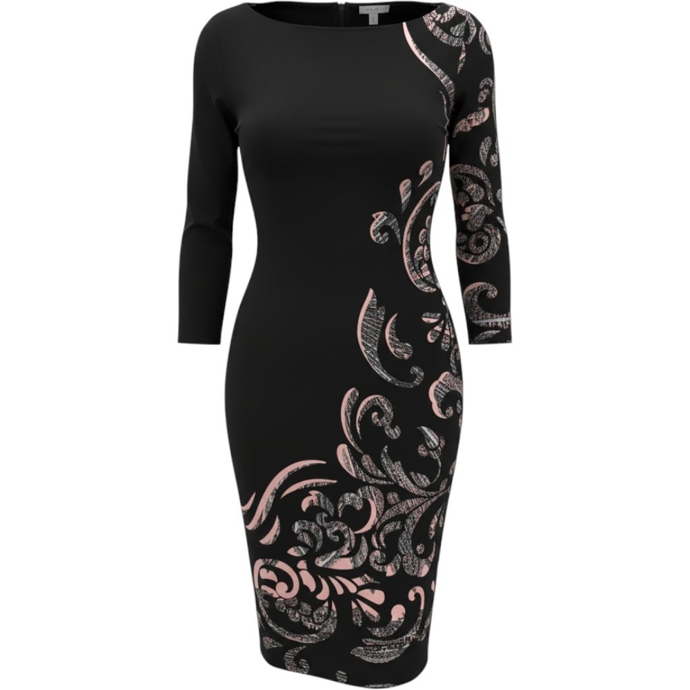 Vtg Cache Sheath Dress 4 Black Pink Paisley Graphic 3/4 Sleeve Lined